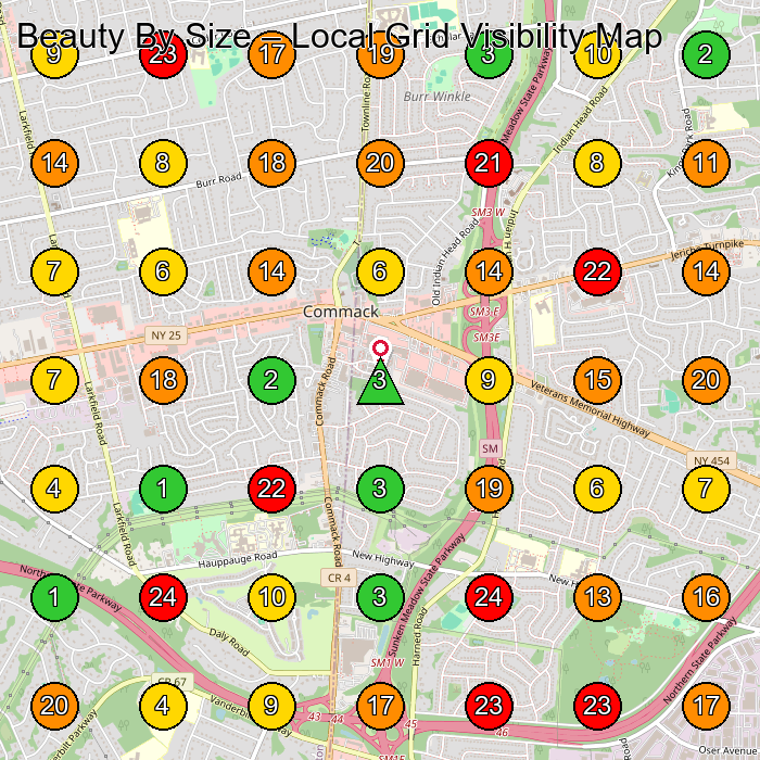 Beauty By Size Beauty Salon GeoGrid ranking map for Commack NY